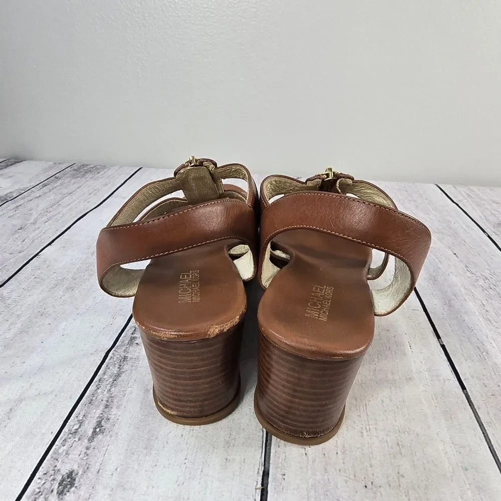 Michael Kors Berkley T- Strap Tan Leather Wedge Sandals